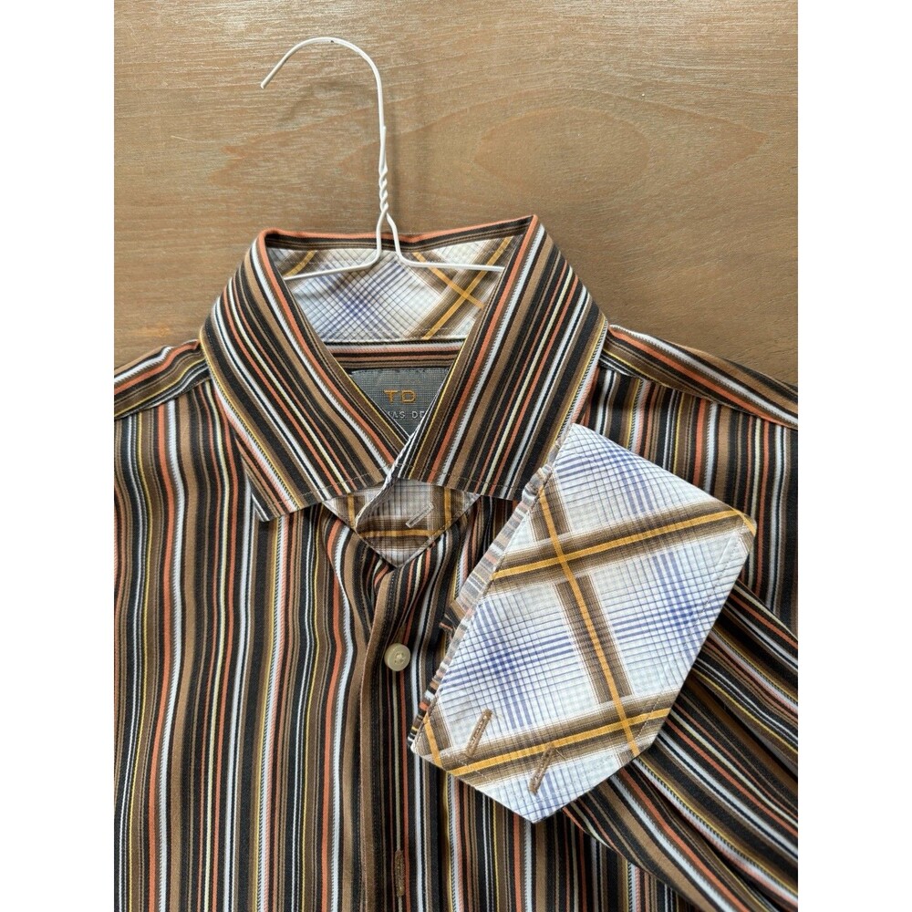 Thomas Dean Shirt Large TD Long Sleeve Flip Cuff Stripes 100 % Cotton EUC Brown